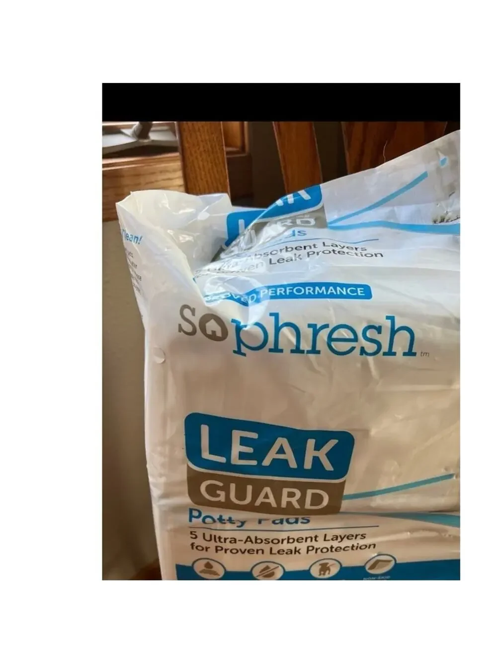 So phresh Potty Pads, holds 3 cups, 5 layer protection, 90+ pads in bag.